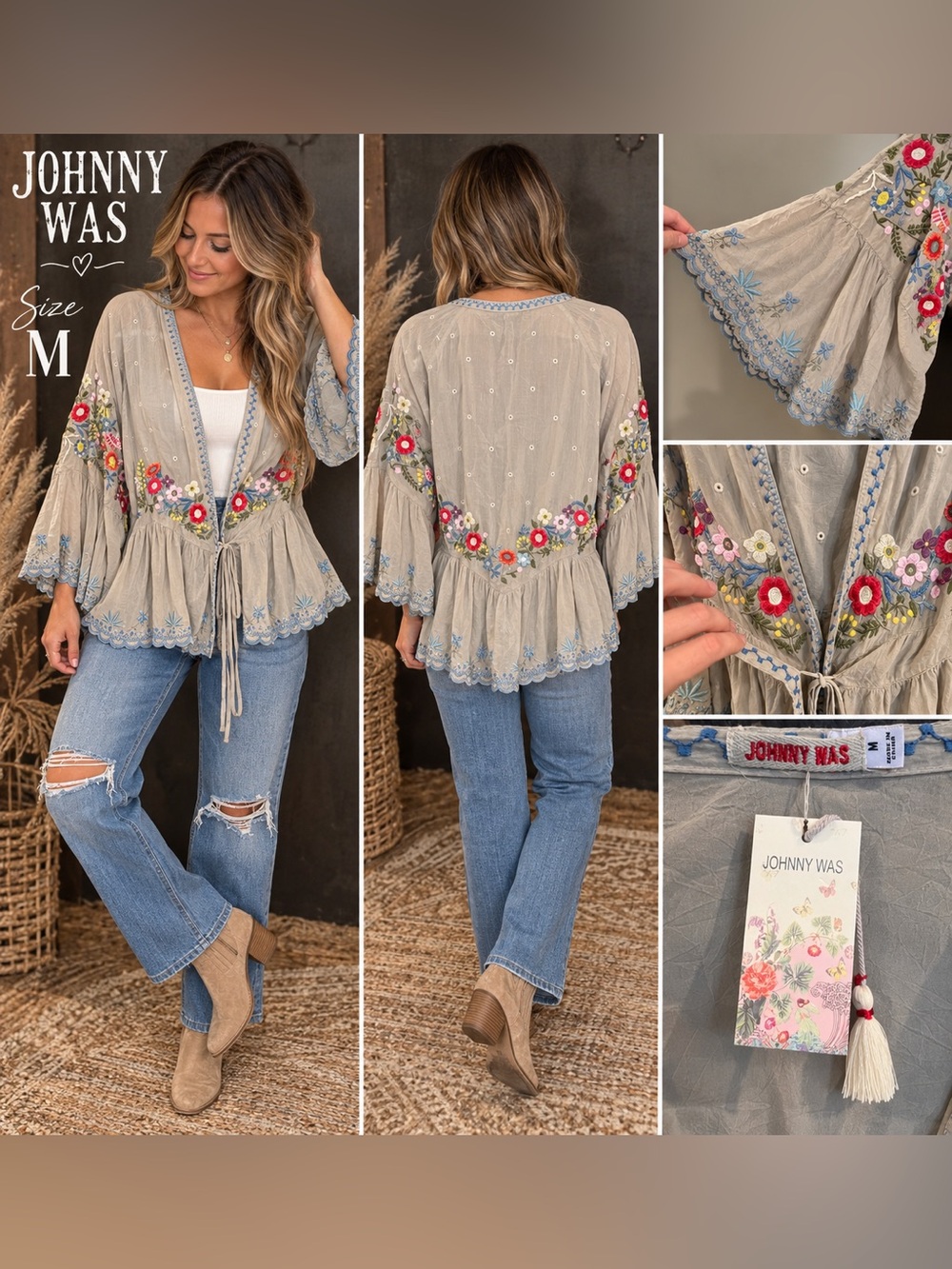 Johnny Was Taupe Embroidered Peasant Tunic with Multicolor Floral Trim